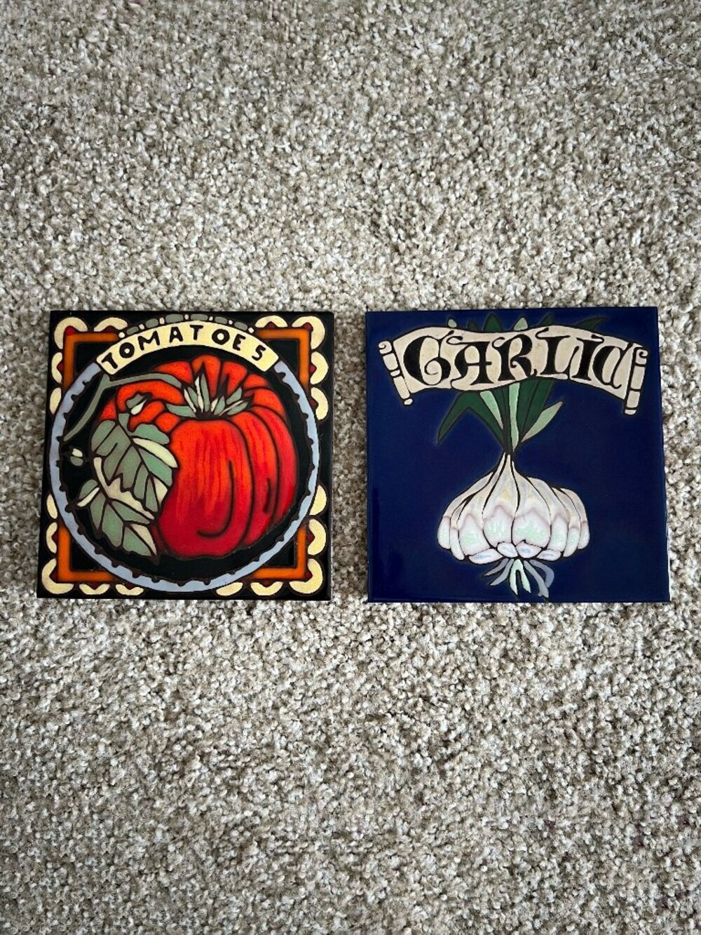 Lot of 2 Vegetable Kitchen Stone Trivet Wall Tiles Hand Painted Tomato Garlic